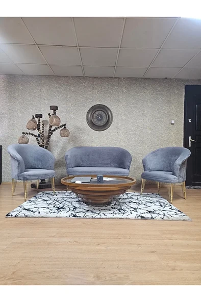 TEDDY Takım Gold Kaplama Telli Ayak Çay Seti Koltuk - Berjer , Balkon, Salon, Ofis Gri Renk 40 x 125 Boyut/Ebat