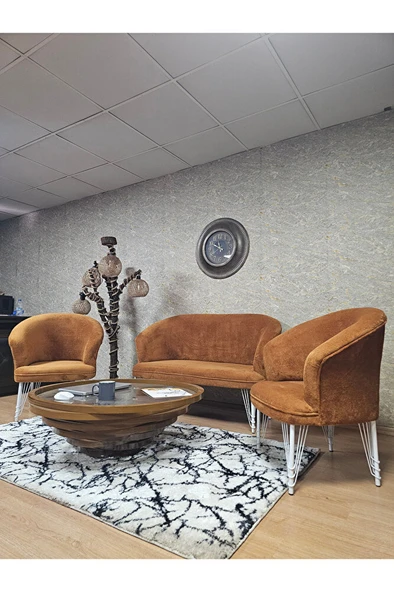 TEDDY Takım Beyaz Boyalı Telli Ayak Çay Seti Koltuk - Berjer , Balkon, Salon, Ofis Kiremit Renk 40 x 125 Boyut/Ebat - Resim 4