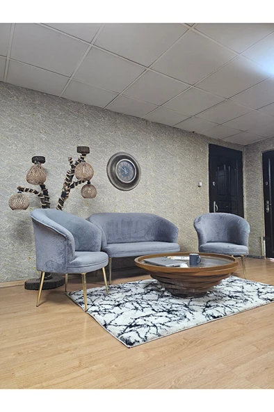 TEDDY Takım Gold Kaplama Sivriltme Ayak Çay Seti Koltuk - Berjer , Balkon, Salon, Ofis Gri Renk 40 x 125 Boyut/Ebat - Resim 3