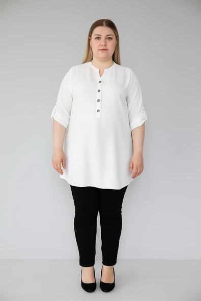 Kadın Büyük Beden Düğme Detaylı Jesica Kumaş Katlama Kol Hakim Yaka Tunik ürün görseli