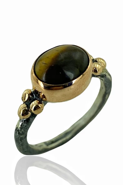 Doğal Kaplan Gözü Taş El Üretimi 925 Gümüş Yüzük - Resim 2