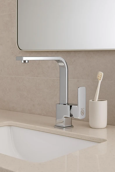 LAVABO BATARYASI KROM KARE BANYO LAVABO MUSLUK AĞIR PRİNÇ GÖVDE DÖNER BORU LÜKS ARMATÜR GÜMÜŞ GRİ - 3