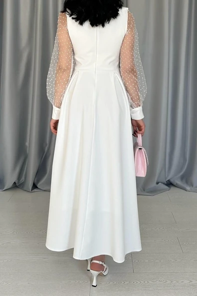 Beyaz Kolları Organze Kuplu Elbise - Resim 4