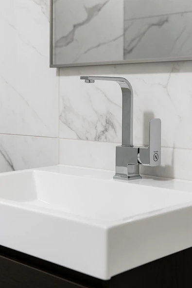 LAVABO BATARYASI KROM KARE BANYO LAVABO MUSLUK AĞIR PRİNÇ GÖVDE DÖNER BORU LÜKS ARMATÜR GÜMÜŞ GRİ - 4