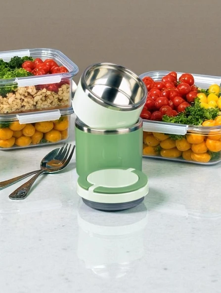 Tohana kulplu çelik sefer tası - yemek termosu saklama kabı 2 katlı yeşil 930 ml. ürün görseli 1