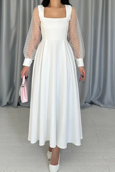 Beyaz Kolları Organze Kuplu Elbise - Resim 3