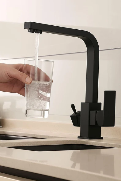 SİYAH KARE ARITMALI MUTFAK EVİYE BATARYASI 3 YOLLU L BORU LÜX SU TASARUFLU MUSLUK GARANTİLİ ürün görseli