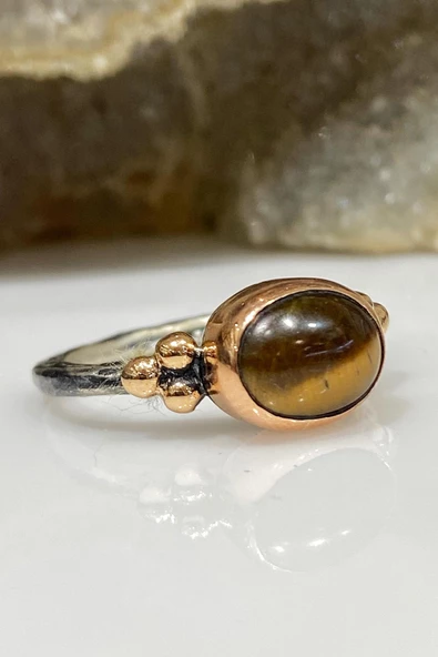 Doğal Kaplan Gözü Taş El Üretimi 925 Gümüş Yüzük - Resim 3