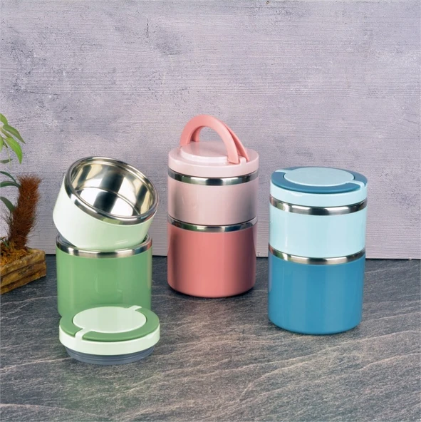 Tohana kulplu çelik sefer tası - yemek termosu saklama kabı 2 katlı yeşil 930 ml. - Resim 3