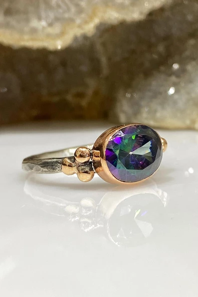Oval Mistik Topaz Taşlı El Üretimi 925 Gümüş Yüzük - Resim 3