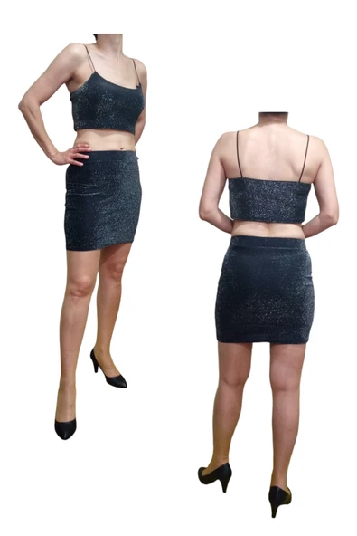 2'li Yüksek Bel Lastikli Mini Etek Askılı Crop Esnek Likralı Simli Takım