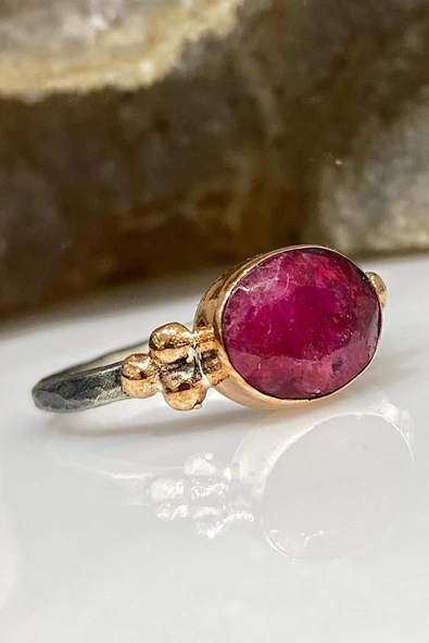 Doğal Yakut Taşlı El Üretimi 925 Gümüş Yüzük - 2