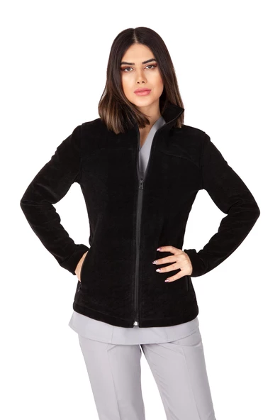 Kadın Siyah Doktor Hemşire Poları Hastane Kışlık Polar Ceket - 5