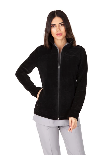 Kadın Siyah Doktor Hemşire Poları Hastane Kışlık Polar Ceket - 4