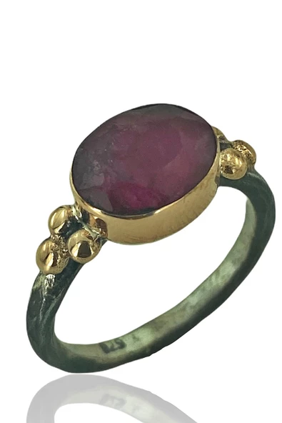 Doğal Yakut Taşlı El Üretimi 925 Gümüş Yüzük - 3