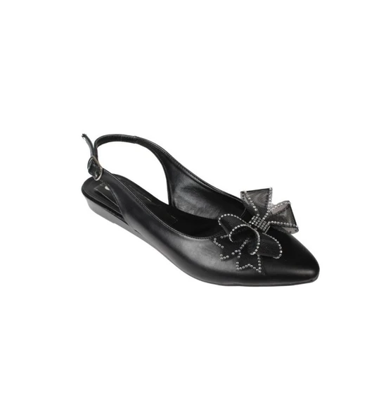 YAZKIŞ Kadın Siyah Beyaz Cilt Üzeri Tül Fiyonklu Önü kapalı Arkası Açık Babet - Resim 2