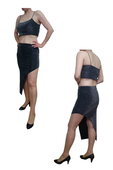 2'li Yüksek Lastikli Bel Midi Etek Askılı Crop Esnek Likralı Simli Takım - 2