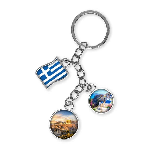 Yunanistan Üçlü Epoksi Metal Çift Taraflı Damla Anahtarlık Greece ürün görseli