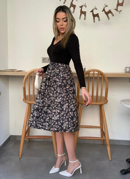 Kadın Uzun Kollu V Yakalı üst Viskon Alt çiçek Desenli Süprem Kısa Elbise - Resim 2