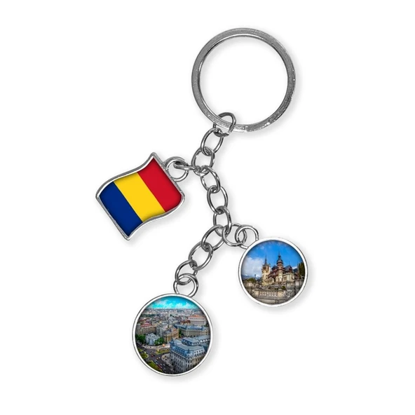 Romanya Üçlü Epoksi Metal Çift Taraflı Damla Anahtarlık Romania ürün görseli