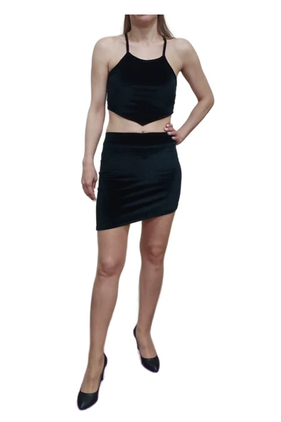 2'li Siyah Düz Kadife Yüksek Bel Asimetrik Kesim Mini Etek Çapraz Askılı Crop