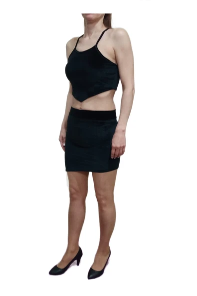 2'li Siyah Düz Kadife Yüksek Bel Asimetrik Kesim Mini Etek Çapraz Askılı Crop - 2