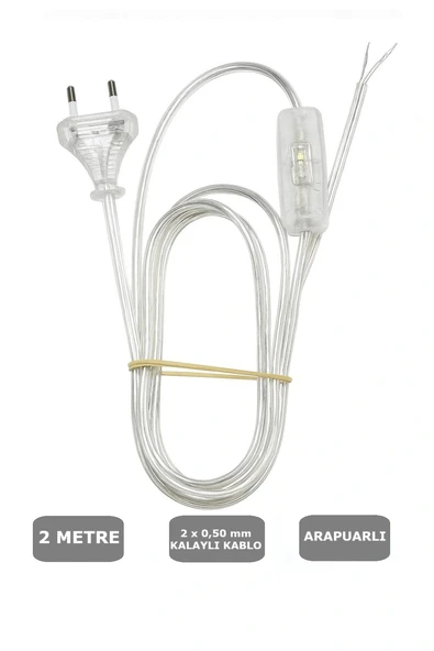Şeffaf, Fişli Arapuarlı Kablo - Anahtarlı (2X0,50) Yassı Kablo - 2 Metre ürün görseli