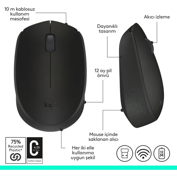 M171 USB Alıcılı Kablosuz Kompakt Mouse - Siyah - Resim 6