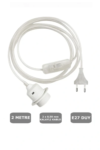 Şeffaf Kablo, E27 Beyaz Duylu, 2 Metre Arapuarlı (Aç Kapat Anahtar) (2X0,50) ürün görseli