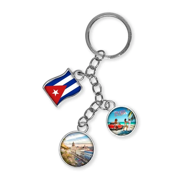 Küba Üçlü Epoksi Metal Çift Taraflı Damla Anahtarlık Cuba ürün görseli