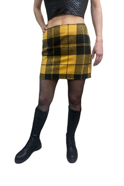 Desenli Kalın Kumaş Arkadan Fermuarlı Yüksek Bel Kareli Dar Mini Etek - 2