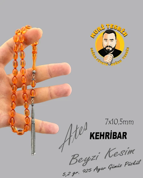 5,2 GR 925 AYAR GÜMÜŞ PÜSKÜL ATEŞ KEHRİBAR BEYZİ KESİM 7X10,50 - 1