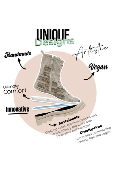 Kadın Vegan Deri Bej Fermuarlı Uzun Bot The Wise Owl Tasarım - 8
