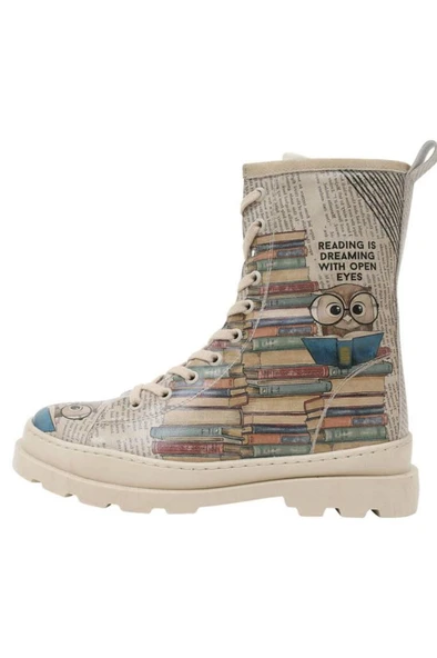 Kadın Vegan Deri Bej Fermuarlı Uzun Bot The Wise Owl Tasarım - 4