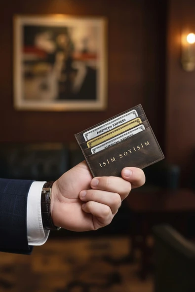 İsim Baskılı Hakiki Deri Kartlık & Cüzdan | 6 Kart Kapasiteli Crazy Kahverengi - Resim 6