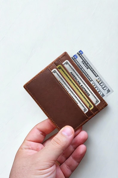 Hakiki Deri Kartlık Ultra ince Minimal Tasarım Kişiye Özel İsim Baskılı Kahverengi ürün görseli