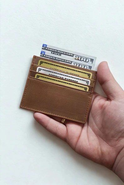 Hakiki Deri Kartlık Ultra ince Minimal Tasarım Kişiye Özel İsim Baskılı Kahverengi - Resim 4