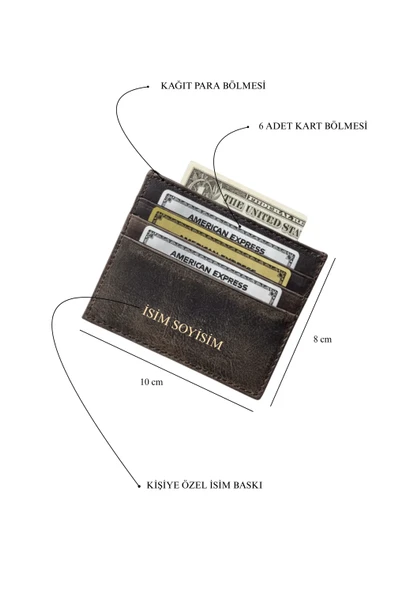 İsim Baskılı Hakiki Deri Kartlık & Cüzdan | 6 Kart Kapasiteli Crazy Kahverengi - Resim 8