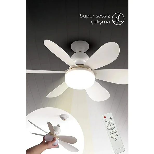 HELIOS Tavan Vantilatörü 36w Beyaz / Günışığı Ledli E-27 Duy a Takılabilen 5 Kanatlı Kumandalı Vantilatör 80-265v