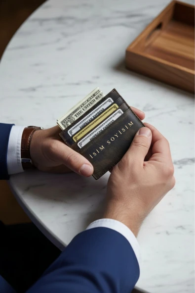 İsim Baskılı Hakiki Deri Kartlık & Cüzdan | 6 Kart Kapasiteli Crazy Kahverengi ürün görseli 1