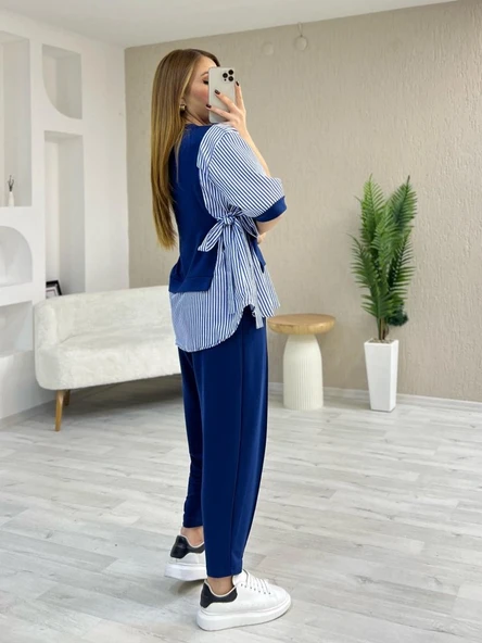 Kadın Kristal 2 Iplik Kumaş Yanları çizgili Takım - Resim 4