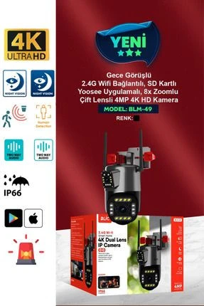 Blm49 4 Mp 4K Hd Gece Görüşlü Dış Mekan 2.4G Sd Kartlı 8X Zoom Çift Lensli Kamera Blm-49 - 2