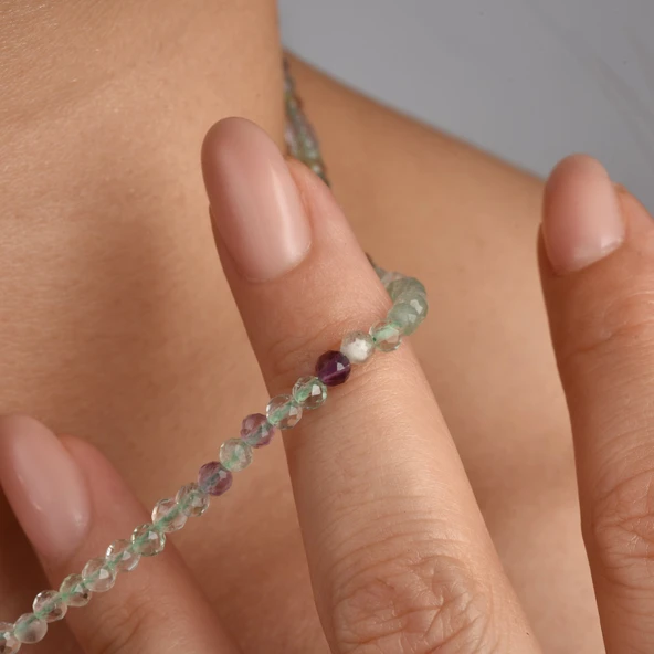 925 Ayar Gümüş Altın Kaplama Doğal Fluorit Taşlı Kolye - NGS00117 - Resim 2