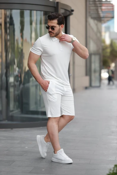 Erkek Yakalı Fermuarlı T-shirt şort Ikili Takım - Resim 2