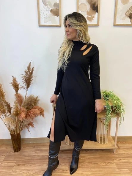 Kadın Uzun Kollu Balıkçı Yaka Omuzda Damla Detaylı Yırtmaçlı Krep Midi Elbise - Resim 9