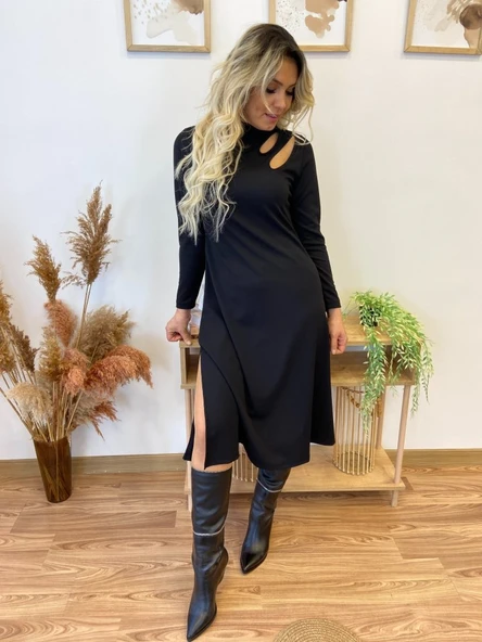 Kadın Uzun Kollu Balıkçı Yaka Omuzda Damla Detaylı Yırtmaçlı Krep Midi Elbise - Resim 11