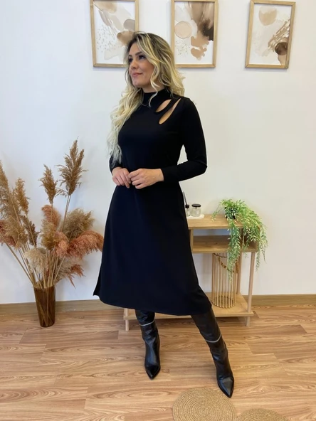 Kadın Uzun Kollu Balıkçı Yaka Omuzda Damla Detaylı Yırtmaçlı Krep Midi Elbise - Resim 5