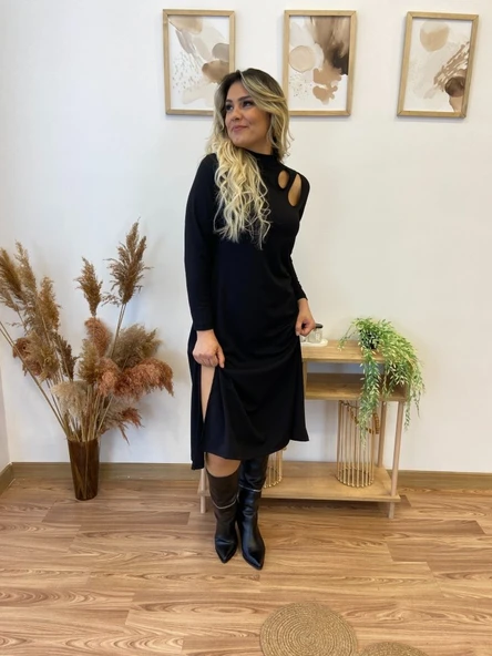 Kadın Uzun Kollu Balıkçı Yaka Omuzda Damla Detaylı Yırtmaçlı Krep Midi Elbise - Resim 8