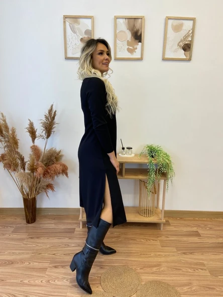 Kadın Uzun Kollu Balıkçı Yaka Omuzda Damla Detaylı Yırtmaçlı Krep Midi Elbise - Resim 6