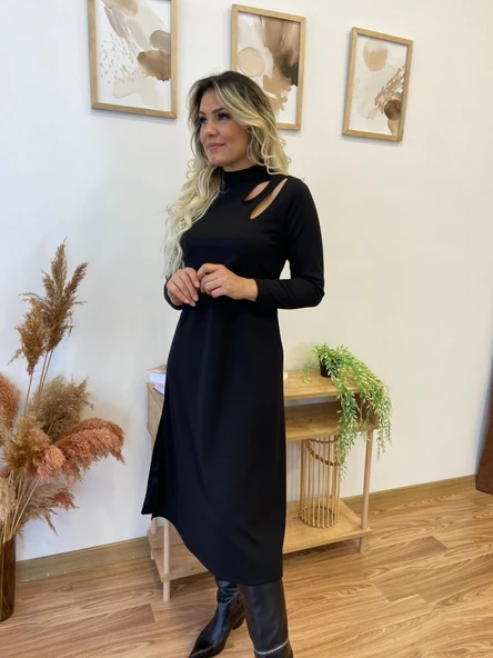 Kadın Uzun Kollu Balıkçı Yaka Omuzda Damla Detaylı Yırtmaçlı Krep Midi Elbise - Resim 10